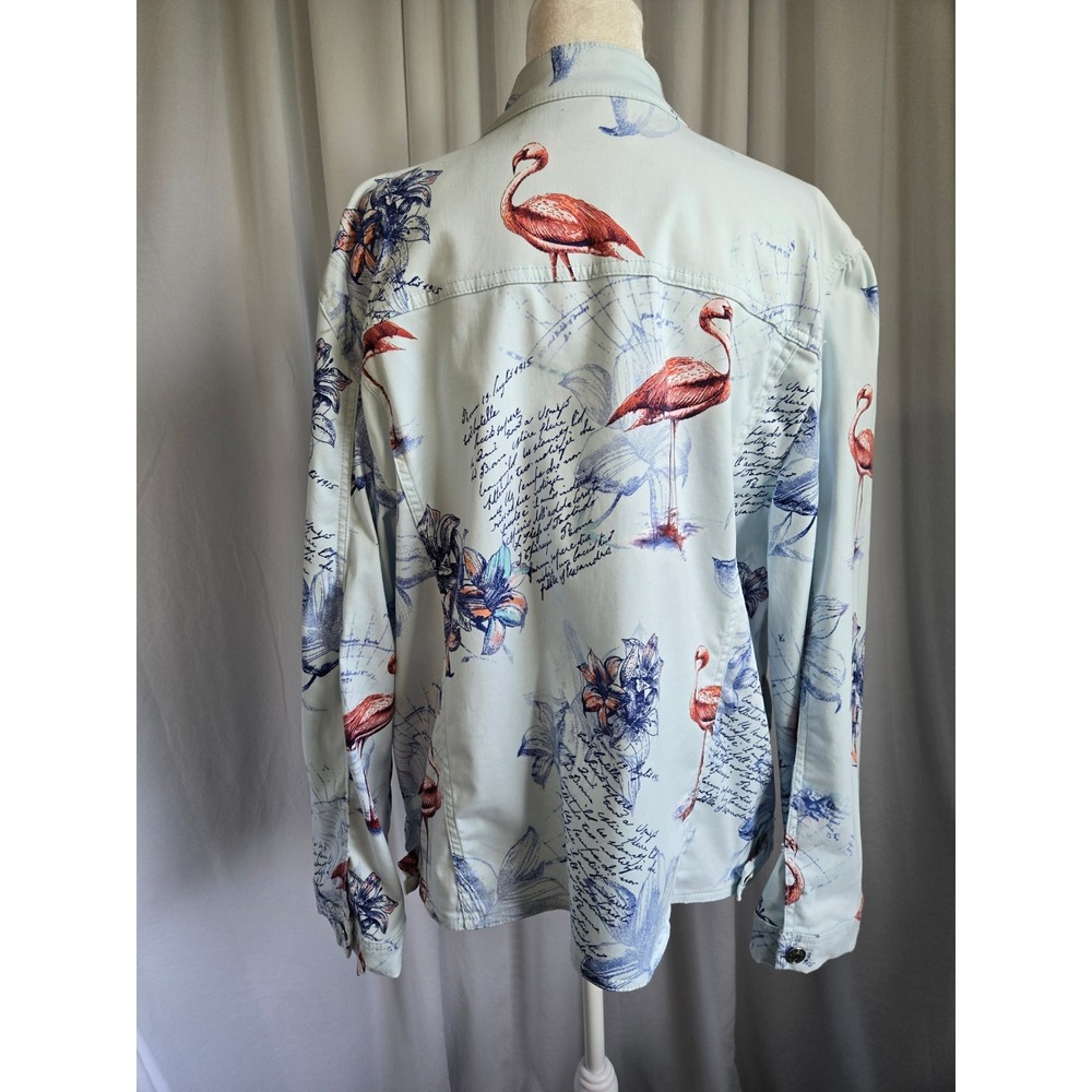 Chicos Bon Voyage Sateen Jacket Light Blue Flamingo Floral Script Print Size 4 - Picture 11 of 13